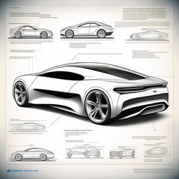 Create a 2D blueprint-style image featuring different models of concept cars with a focus on the interior from the driver's perspective