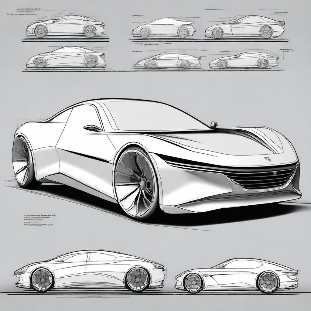 Create a 2D blueprint-style image featuring different models of concept cars with a focus on the interior from the driver's perspective