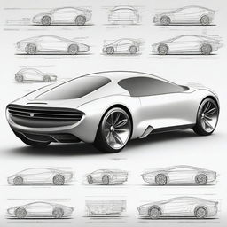 Create a 2D blueprint-style image featuring different models of concept cars with a focus on the interior from the driver's perspective