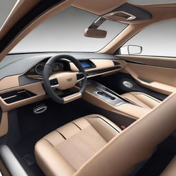 Create a detailed 2D interior view of a concept car focusing on the driver's seat