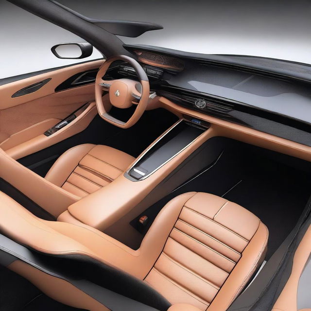 Create a detailed 2D interior view of a concept car focusing on the driver's seat