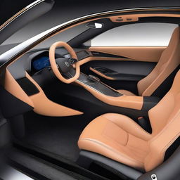 Create a detailed 2D interior view of a concept car focusing on the driver's seat