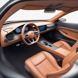 Create a detailed 2D interior view of a concept car focusing on the driver's seat