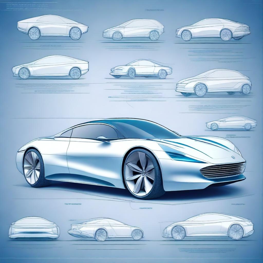 Create a 2D blueprint-style image featuring different models of concept cars