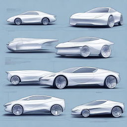 Create a 2D blueprint-style image featuring different models of concept cars