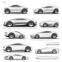 Create a 2D blueprint-style image featuring different models of concept cars