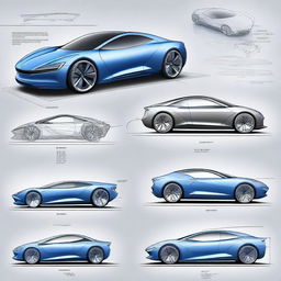 Create a 2D blueprint-style image featuring different models of concept cars