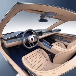 Create a detailed 2D blueprint-style image of the interior of a concept car from the driver's perspective