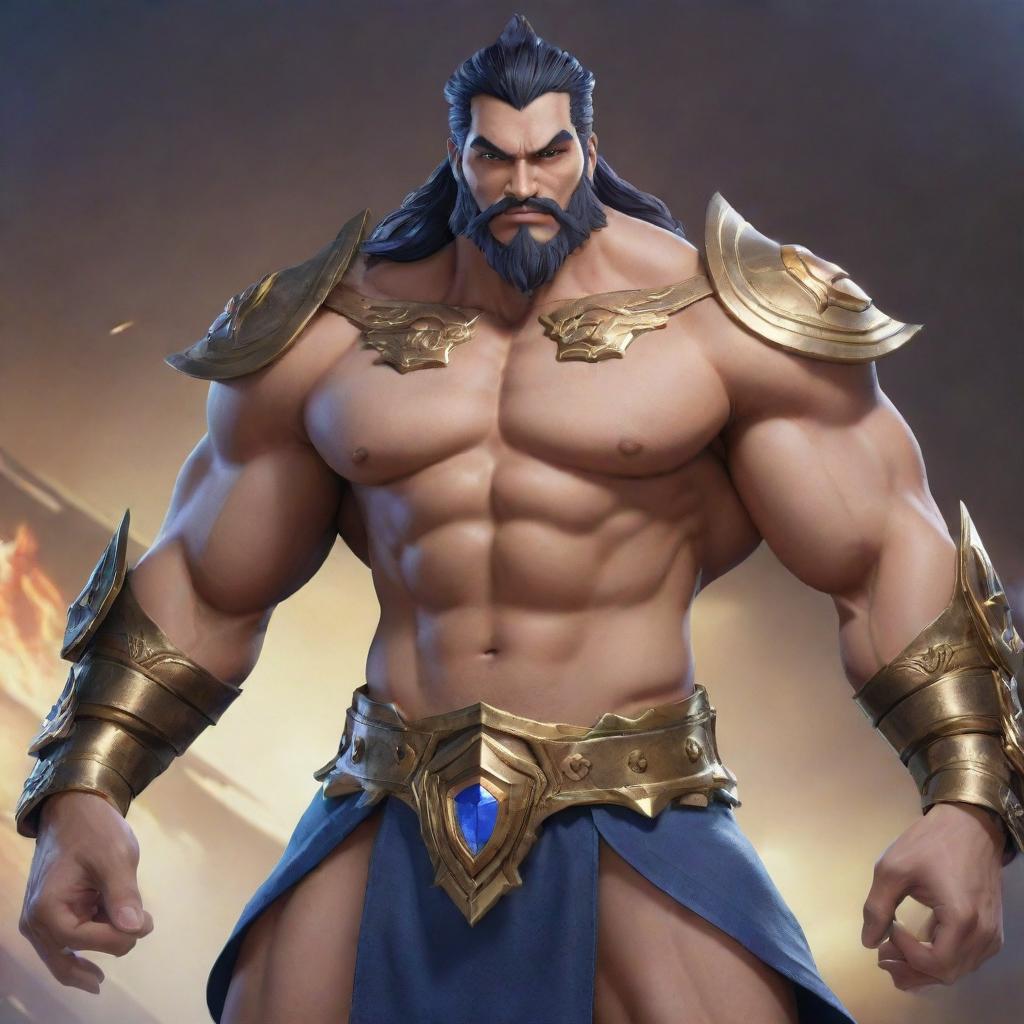 A hyper-realistic depiction of Aldous from Mobile Legends, showcasing his muscular build, adorned with gladiatorial gear, and emanating an imposing and formidable presence.