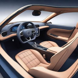 Create a detailed 2D blueprint-style image of the interior of a concept car from the driver's perspective