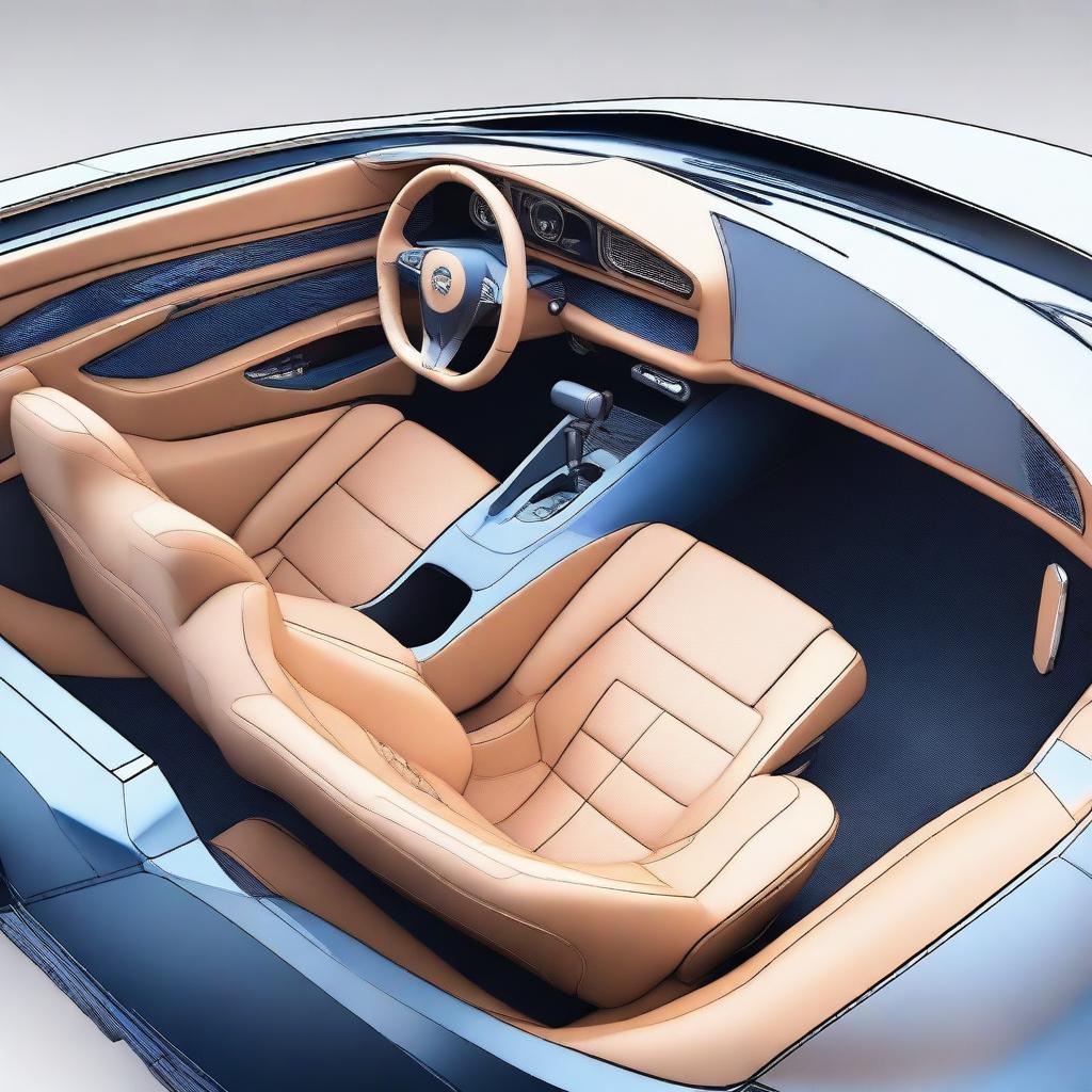 Create a detailed 2D blueprint-style image of the interior of a concept car from the driver's perspective