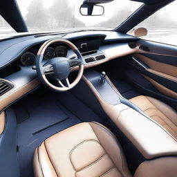 Create a detailed 2D blueprint-style image of the interior of a concept car from the driver's perspective