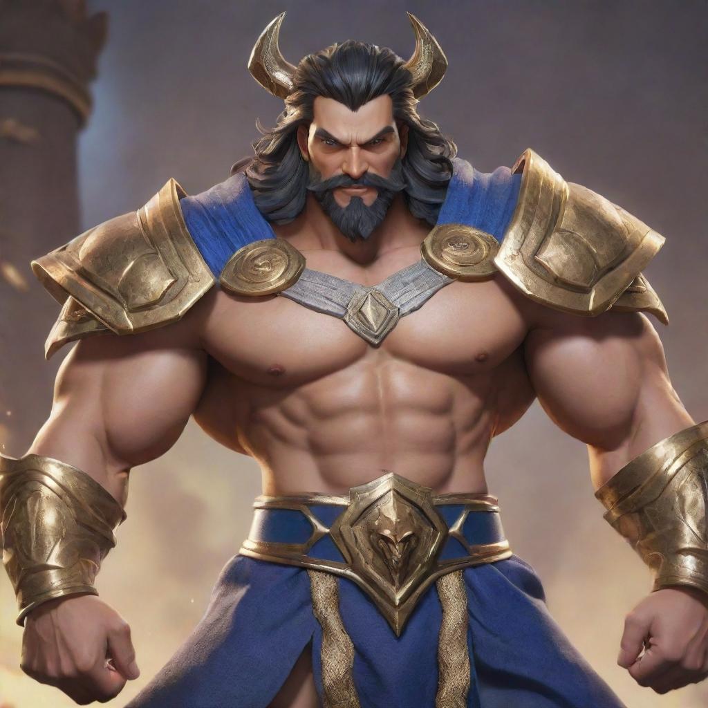 A hyper-realistic depiction of Aldous from Mobile Legends, showcasing his muscular build, adorned with gladiatorial gear, and emanating an imposing and formidable presence.