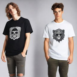 Design a pair of oversized t-shirts, one for men and one for women, each featuring a different design on the front