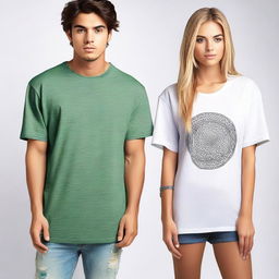 Design a pair of oversized t-shirts, one for men and one for women, each featuring a different design on the front