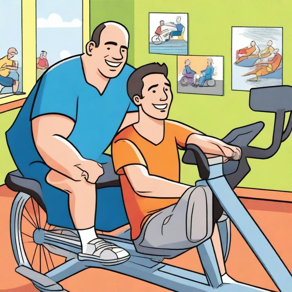 A cartoon image of a physical therapist watching a man ride a recumbent bicycle