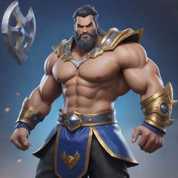 A hyper-realistic depiction of Aldous from Mobile Legends, showcasing his muscular build, adorned with gladiatorial gear, and emanating an imposing and formidable presence.