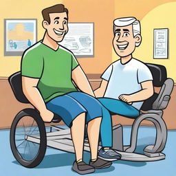 A cartoon image of a physical therapist watching a man ride a recumbent bicycle