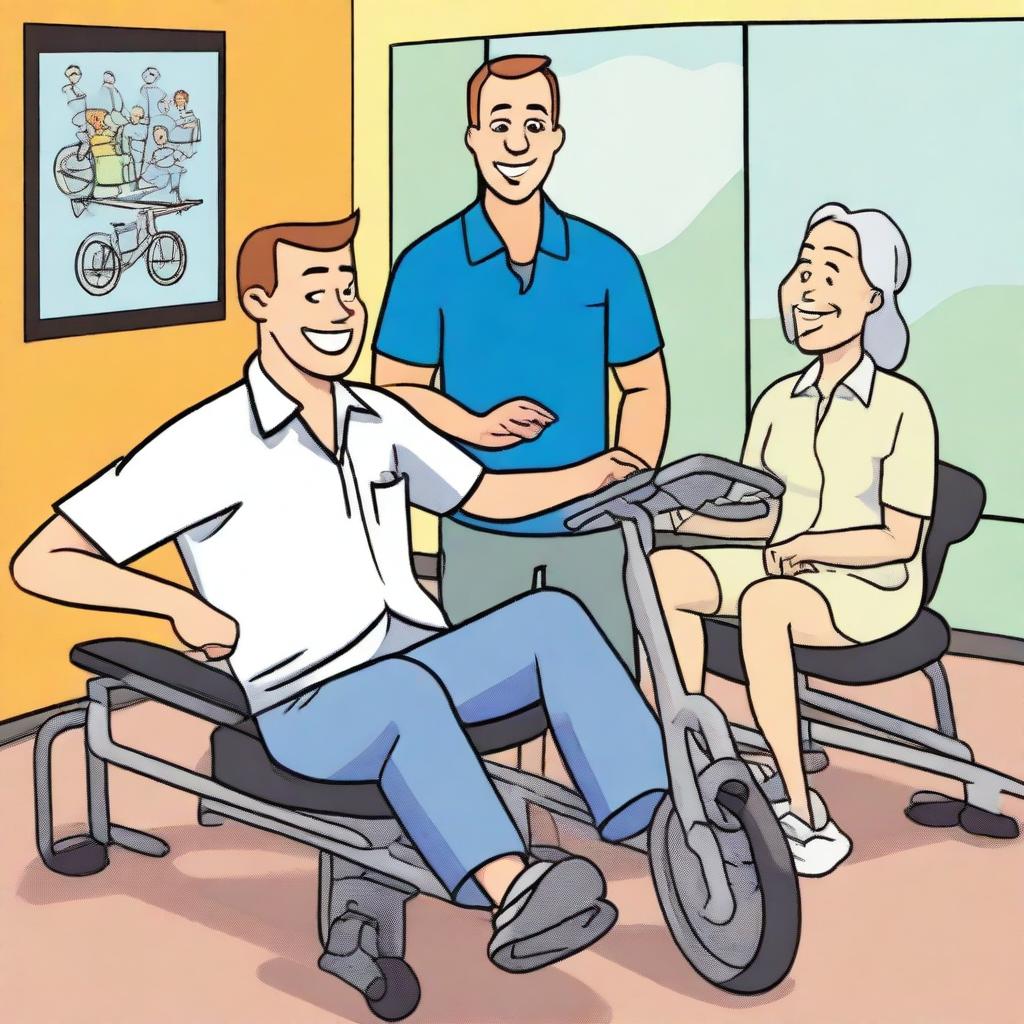 A cartoon image of a physical therapist watching a man ride a recumbent bicycle