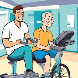 A cartoon image of a physical therapist watching a man ride a recumbent bicycle