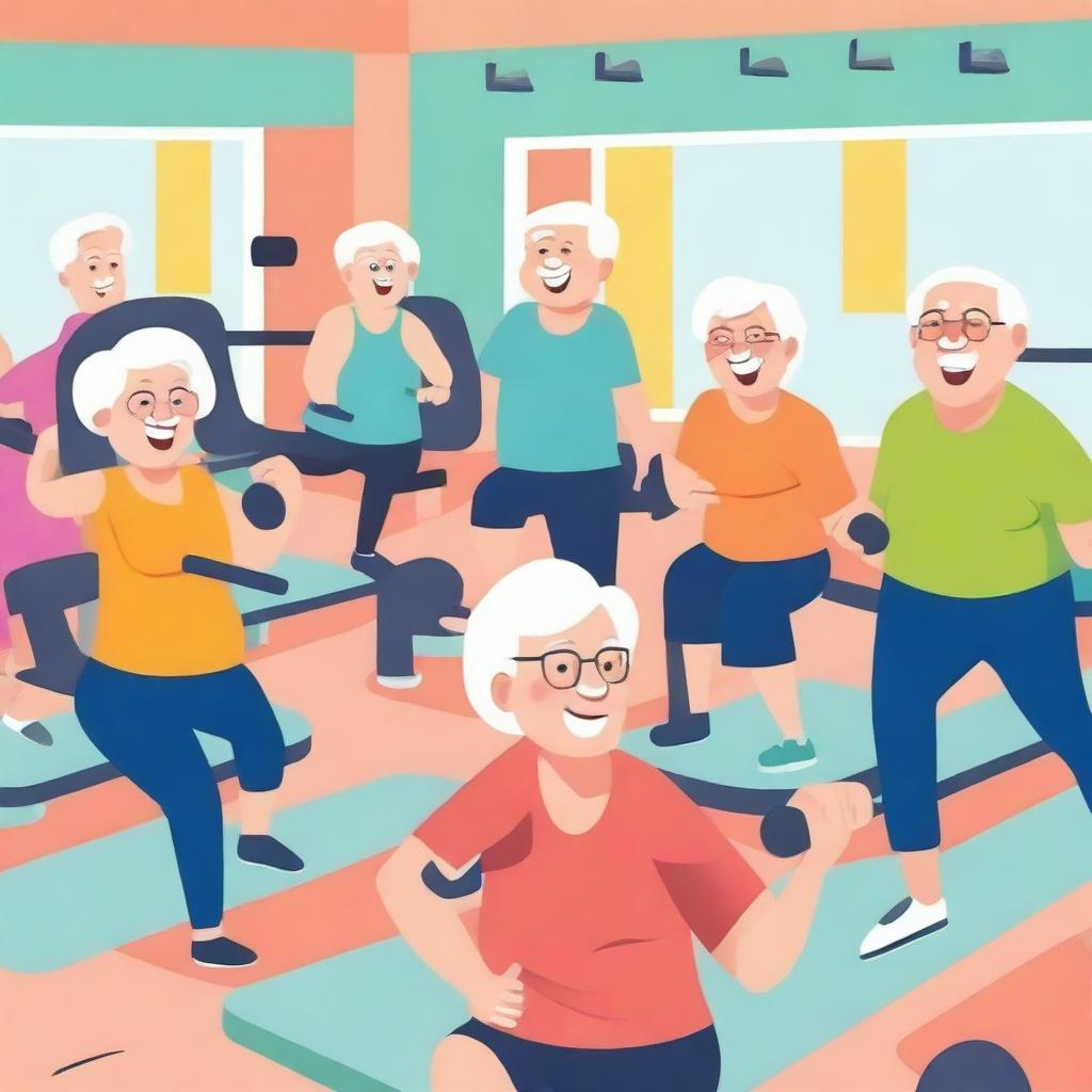 A cartoon image of elderly people working out in a gym