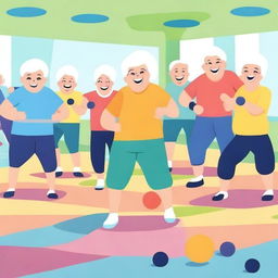 A cartoon image of elderly people working out in a gym