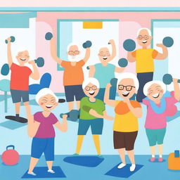 A cartoon image of elderly people working out in a gym