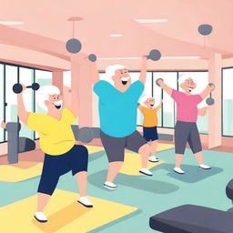 A cartoon image of elderly people working out in a gym