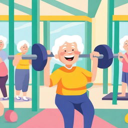 A cartoon image of an elderly person working out in a gym