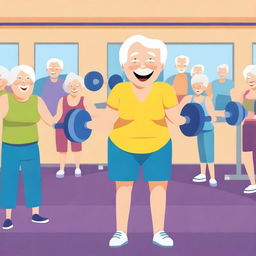 A cartoon image of an elderly person working out in a gym