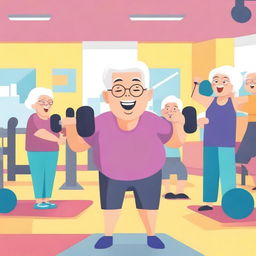 A cartoon image of an elderly person working out in a gym