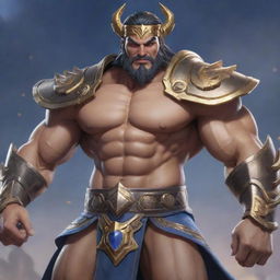 A hyper-realistic depiction of Aldous from Mobile Legends, showcasing his muscular build, adorned with gladiatorial gear, and emanating an imposing and formidable presence.