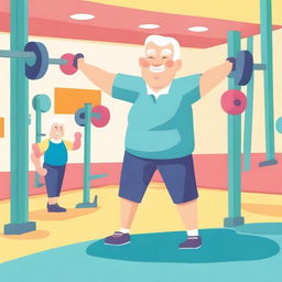 A cartoon image of an elderly person working out in a gym