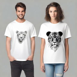 Design a pair of oversized t-shirts, one for men and one for women, each featuring a different design on the front