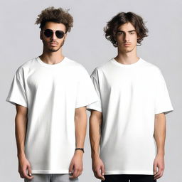 Create a pair of oversized t-shirts, one for men and one for women, each with a unique front design