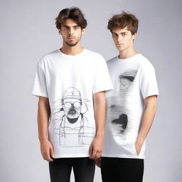 Create a pair of oversized t-shirts, one for men and one for women, each with a unique front design