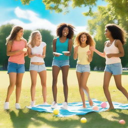 A vibrant and cheerful scene featuring a group of young women enjoying a sunny day at the park