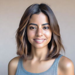 A 25-year-old Latina woman with short, straight shoulder-length hair highlighted with streaks