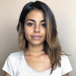 A 25-year-old Latina woman with short, straight shoulder-length hair highlighted with streaks