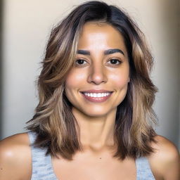 A 25-year-old Latina woman with short, straight shoulder-length hair highlighted with streaks