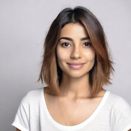 A 25-year-old Latina woman with short, straight shoulder-length hair highlighted with streaks