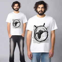 Create a pair of oversized t-shirts, one for men and one for women, each featuring a unique front design