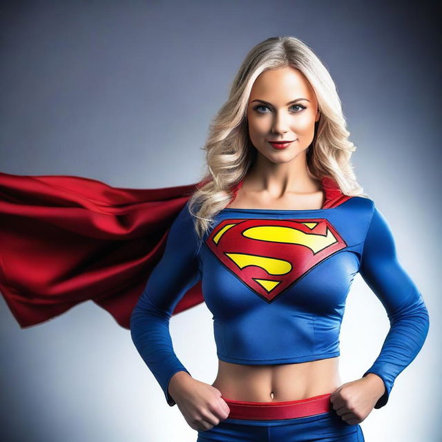 Create an image of a beautiful girl with the physique of a bikini fitness model, dressed as Supergirl