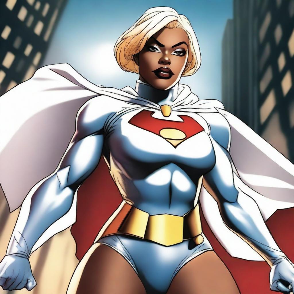 Create an image of a beautiful black girl dressed as Powergirl