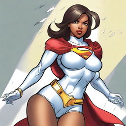 Create an image of a beautiful black girl dressed as Powergirl