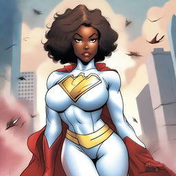 Create an image of a beautiful black girl dressed as Powergirl