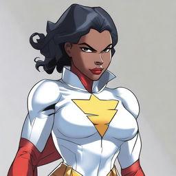 Create an image of a beautiful black girl dressed as Powergirl