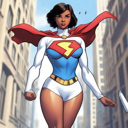 Create a realistic image of a beautiful young black girl dressed as Powergirl