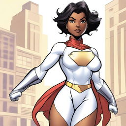 Create a realistic image of a beautiful young black girl dressed as Powergirl