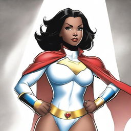 Create a realistic image of a beautiful young black girl dressed as Powergirl